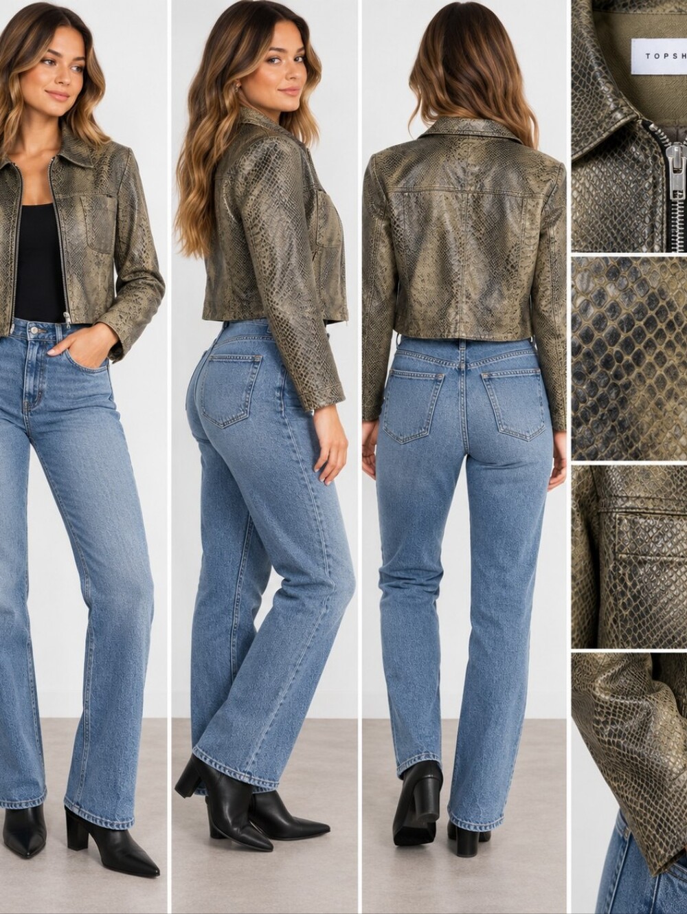 TopShop Olive Snake-Print Cropped Leather Zip Jacket